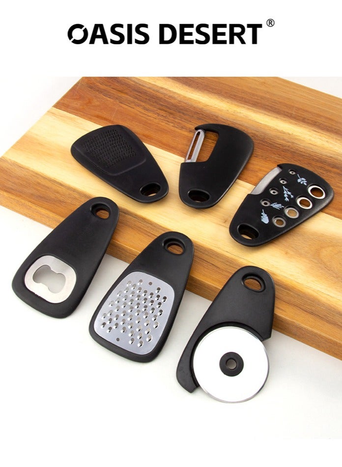 صحراء الواحة مجموعة أدوات المطبخ، 6 قطع، أدوات طهي موفرة للمساحة، ملحقات مطبخ - مقشرة فواكه/خضراوات، مبشرة جبن/شوكولاتة، فتاحة زجاجات، قطاعة بيتزا، ثوم/زنجبيل، تقطيع الخضراوات (أسود) - Image 2