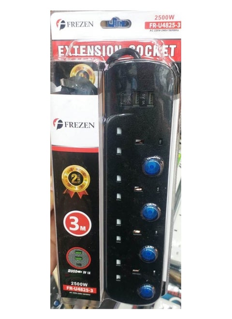 Frezen Extension Socket  Power Extension Cable 3M 2500W Power Strips Extension Cord 4 Sockets, 2 USB Port, 1 Type-Charging Port
