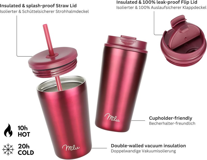 Milu Thermal Mug, 400 ml, 100% Leak-Proof, Stainless Steel Coffee Mug to Go, Insulated with Straw, Keeps Hot for 10 Hours/Cold for 20 Hours, BPA-Free (Berry, 400 ml) - Image 4
