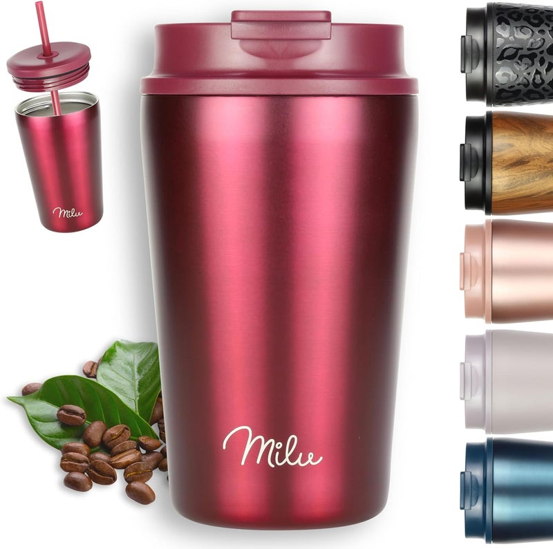 Milu Thermal Mug, 400 ml, 100% Leak-Proof, Stainless Steel Coffee Mug to Go, Insulated with Straw, Keeps Hot for 10 Hours/Cold for 20 Hours, BPA-Free (Berry, 400 ml) - Image 1