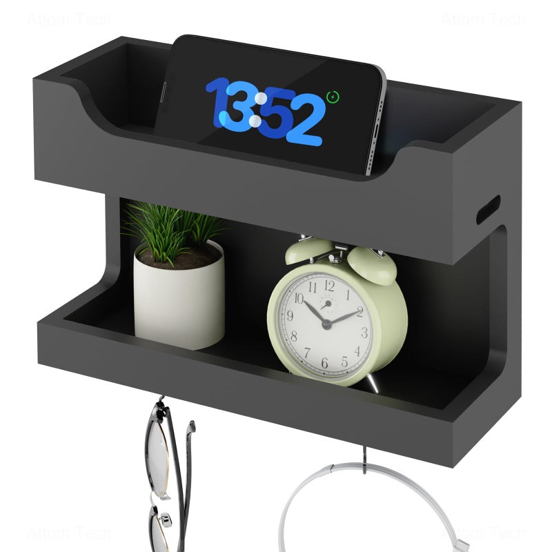 NiHome Wall Mounted Wooden Bedside Accessories Organizer, Double Tray Bedside Storage Shelf Rack with Magnetic Hooks, Bedroom Dorm RV Wall Caddy Holder for Phone Glasses Alarm Clock Remote (Black) - Image 1