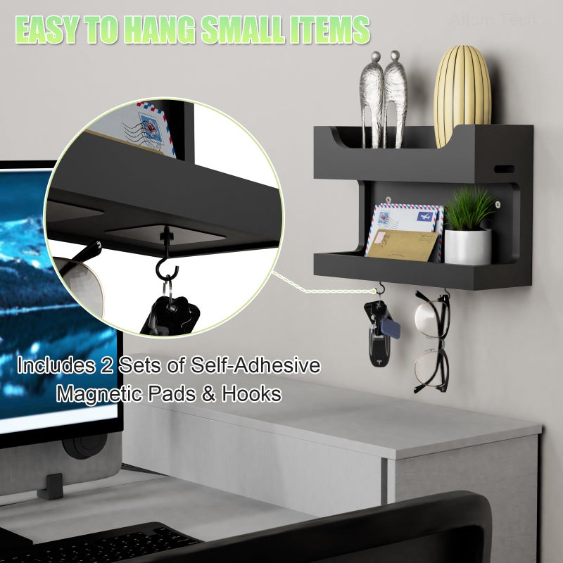 NiHome Wall Mounted Wooden Bedside Accessories Organizer, Double Tray Bedside Storage Shelf Rack with Magnetic Hooks, Bedroom Dorm RV Wall Caddy Holder for Phone Glasses Alarm Clock Remote (Black) - Image 4