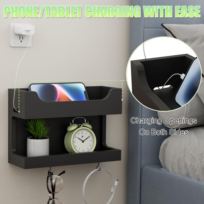NiHome Wall Mounted Wooden Bedside Accessories Organizer, Double Tray Bedside Storage Shelf Rack with Magnetic Hooks, Bedroom Dorm RV Wall Caddy Holder for Phone Glasses Alarm Clock Remote (Black) - Image 2