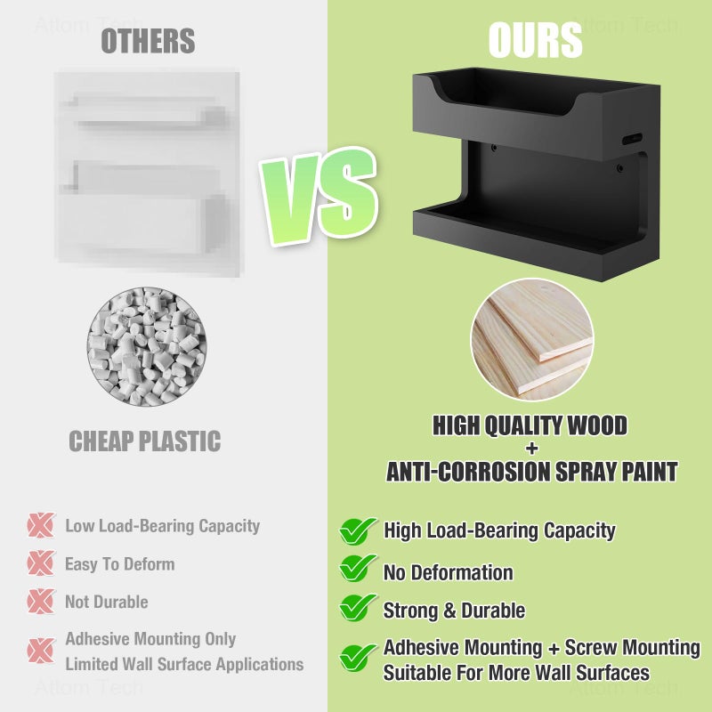 NiHome Wall Mounted Wooden Bedside Accessories Organizer, Double Tray Bedside Storage Shelf Rack with Magnetic Hooks, Bedroom Dorm RV Wall Caddy Holder for Phone Glasses Alarm Clock Remote (Black) - Image 3