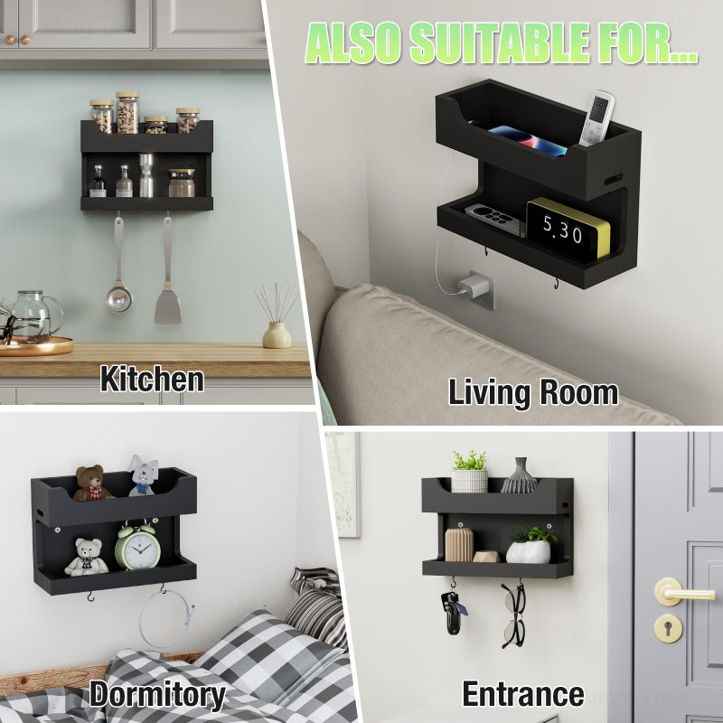 NiHome Wall Mounted Wooden Bedside Accessories Organizer, Double Tray Bedside Storage Shelf Rack with Magnetic Hooks, Bedroom Dorm RV Wall Caddy Holder for Phone Glasses Alarm Clock Remote (Black) - Image 5