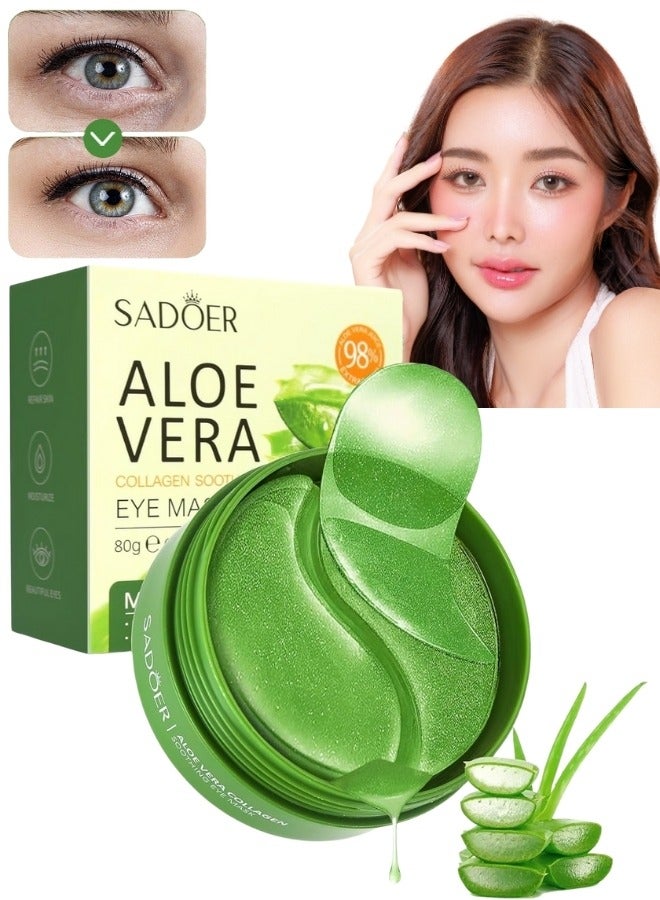 SADOER 60 قطعة قناع العين من الألوة فيرا والكولاجين لتهدئة تحت العين لدوائر داكنة وانتفاخات يقلل من أكياس العين والتجاعيد يحسن ويشد بشرة العين علاج دوائر داكنة جل كولاجين لعين لاصقات مضادة للتجاعيد - Image 1