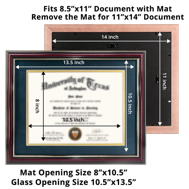 GraduationMall 8.5x11 Diploma Frame with Navy over Gold Mat or Display 11x14 Certificate without Mat,Solid Wood & UV Protection Acrylic,Glossy Cherry Finish with Gold Trim - Image 4