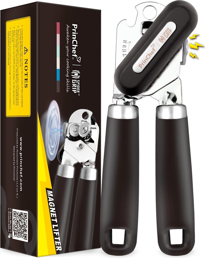 Smoother Cut PrinChef Manual Can Opener with Magnet Improved Handle for More Comfortable Grip Handheld Can Openers for Seniors Heavy Duty Can Opener Smooth Edge Bottle Opener Easy to Use Black