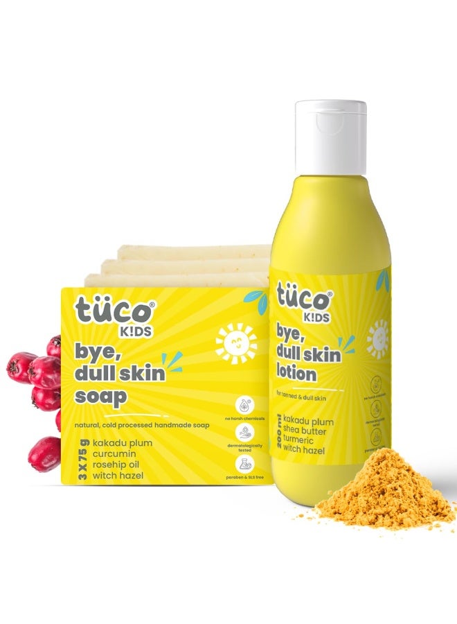 TuCo مجموعة Tuco® Kids: صابون (3 قطع × 75 جم) ولوشن (200 مل) للبشرة الباهتة | للاستخدام اليومي للأطفال من سن 3 سنوات فما فوق | خالية من البارابين والكبريتات | مناسبة للأعمار 2-5 و4-10 و10-15 سنة | خالية من كبريتات لوريل الصوديوم (SLS) والبارابين | عبوة مكونة من منتجين - Image 1