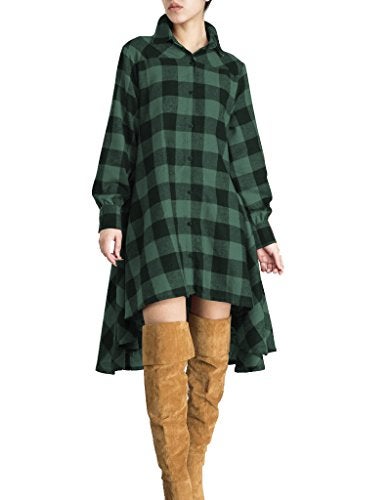 olrain Womens Plaids V Neck Long Sleeve Irregular Hem Casual Shirt Dress (X-Large, Green) - Image 1