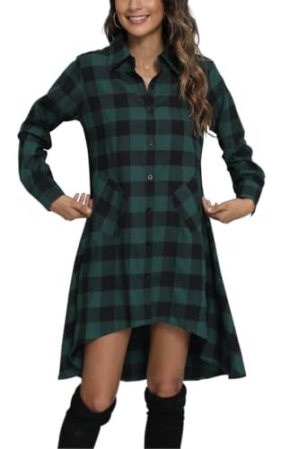 olrain Womens Plaids V Neck Long Sleeve Irregular Hem Casual Shirt Dress (X-Large, Green) - Image 3