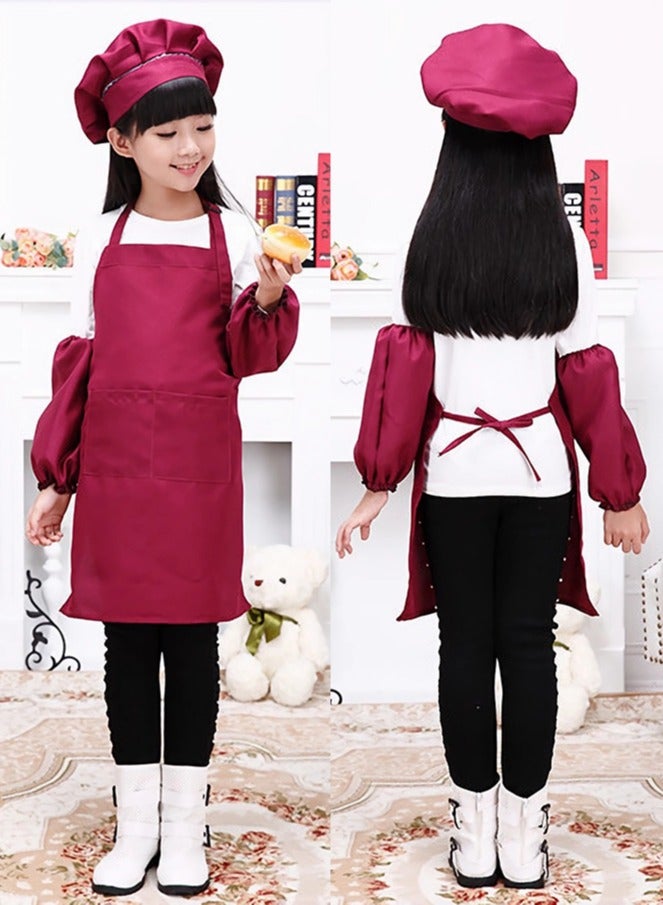 DURKU Girls Kid Apron and Chef Hat Gift Set for Cooking Baking-Little Chef Apron-Kids Baking Set for Girls-Kids Cooking Apron-Cute Child Apron Wine Red XL  - Image 2