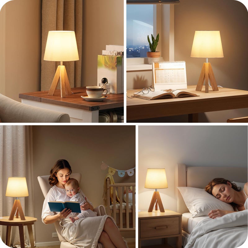 GOEBLESON Small Tripod Table Lamp, Modern Nightstand Lamp with Fabric Shade, Boho Bedside Wood Desk Light for Bedroom, Kids Room, Living Room, Office, Study, White, W51TL05 - Image 5