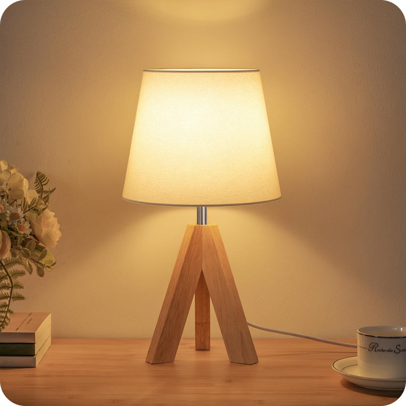 GOEBLESON Small Tripod Table Lamp, Modern Nightstand Lamp with Fabric Shade, Boho Bedside Wood Desk Light for Bedroom, Kids Room, Living Room, Office, Study, White, W51TL05 - Image 1