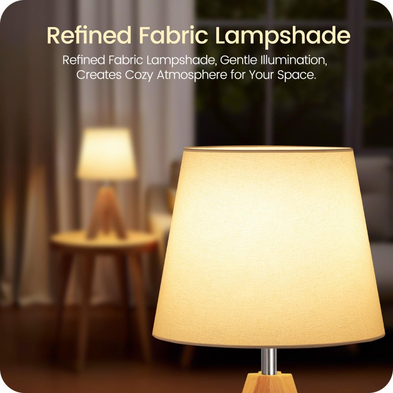 GOEBLESON Small Tripod Table Lamp, Modern Nightstand Lamp with Fabric Shade, Boho Bedside Wood Desk Light for Bedroom, Kids Room, Living Room, Office, Study, White, W51TL05 - Image 3