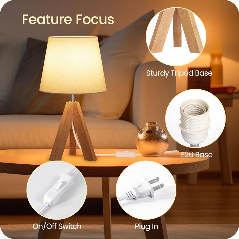 GOEBLESON Small Tripod Table Lamp, Modern Nightstand Lamp with Fabric Shade, Boho Bedside Wood Desk Light for Bedroom, Kids Room, Living Room, Office, Study, White, W51TL05 - Image 4