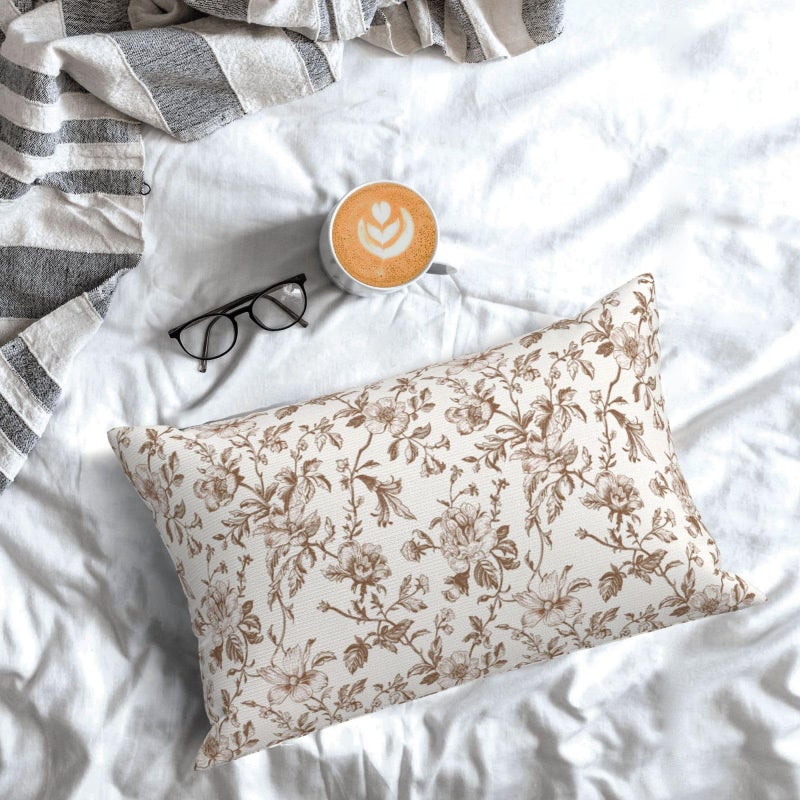 JEFERSO Brown Floral Pillow Covers 12x20 Set of 2 Brown and Cream Chinoiserie Floral Decorative Throw Pillows Vintage Rustic Toile Flower Pillowcase Outdoor Decor Linen Cushion Covers for Couch Sofa - Image 3