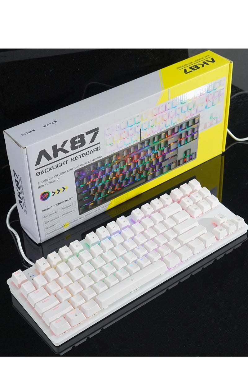 AK87 TKL Gaming Mechanical Keyboard – Hot Swap BLUE Switch – RGB Luminous – USB Wired – 87 English Layout Key | White - Image 5