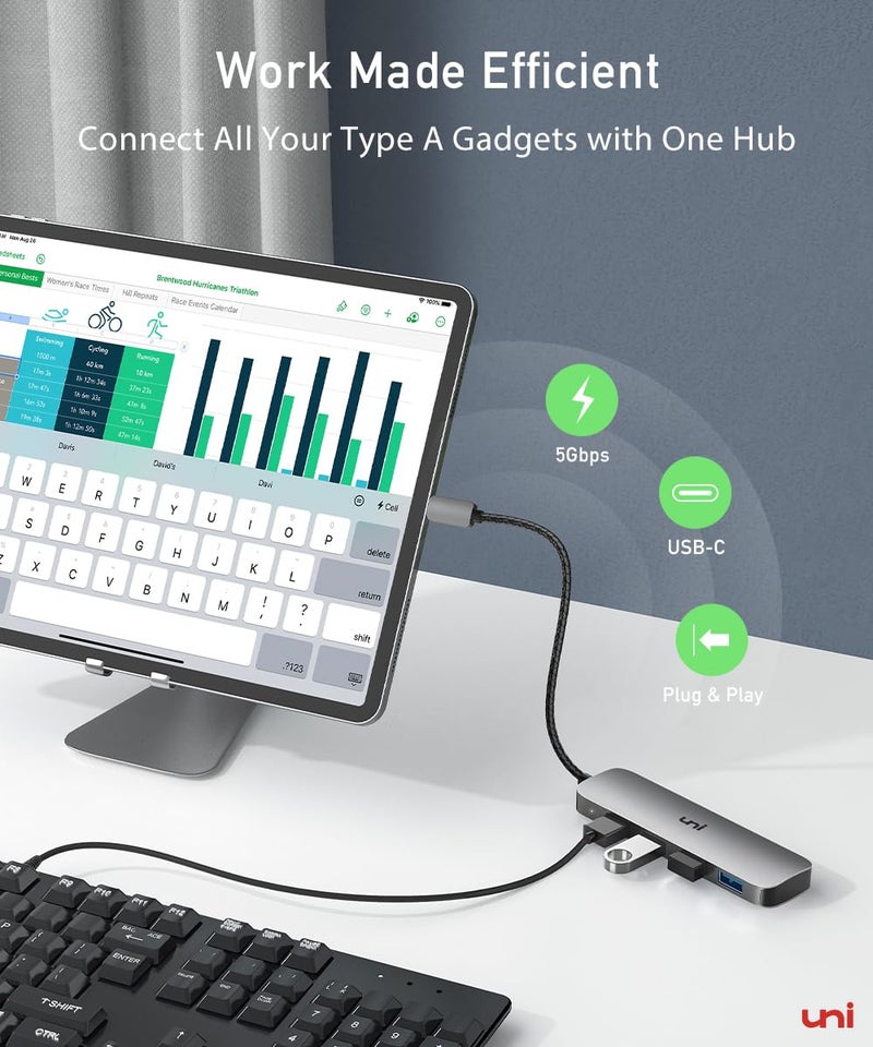 uni USB C to USB Hub Multiport Adapter, Aluminum 4 Ports USB C Splitter for Laptop, Slim Thunderbolt 3/4 Data USB Hub Compatible for MacBook Pro/Air, iPad Pro, Dell, Chromebook | Keyboard, Mouse, HDD - Image 3