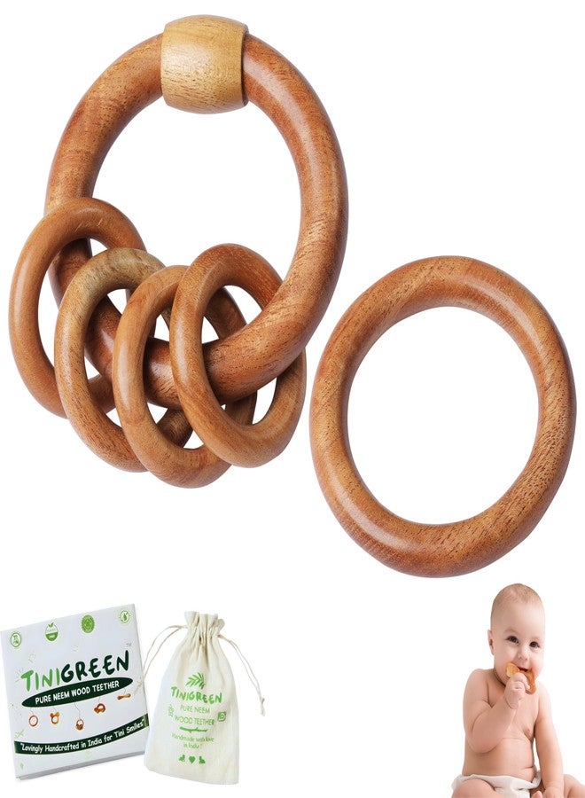 TINIGREEN One Rattle One Ring Shaped Organic Neem Wood Teether Combo for Baby (Pack of 2) - Image 1