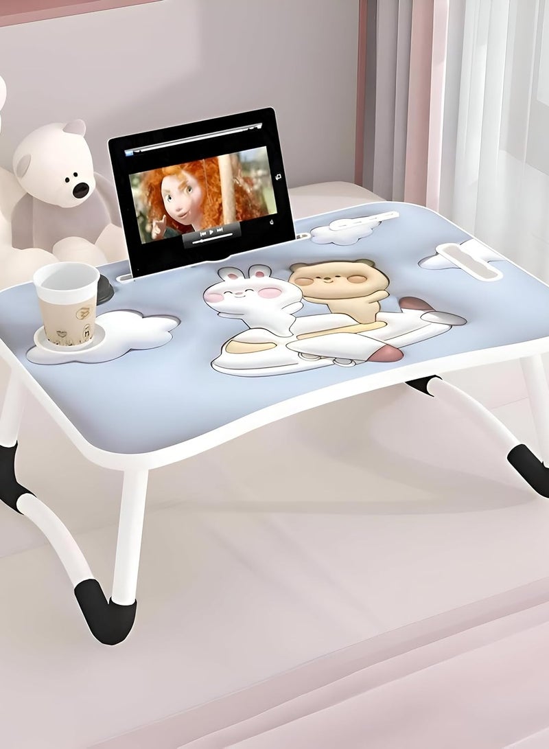 Generic Laptop table made of the finest wood with aluminum and metal legs, durable, 3D designs for boys and girls. Multi-purpose, for studying laptops/eating on the bed. Foldable for easy storage. Smooth wood texture for easy cleaning. Equipped with a cup or bottle holder, a designated place for pens, and a mobile holder. - Image 1