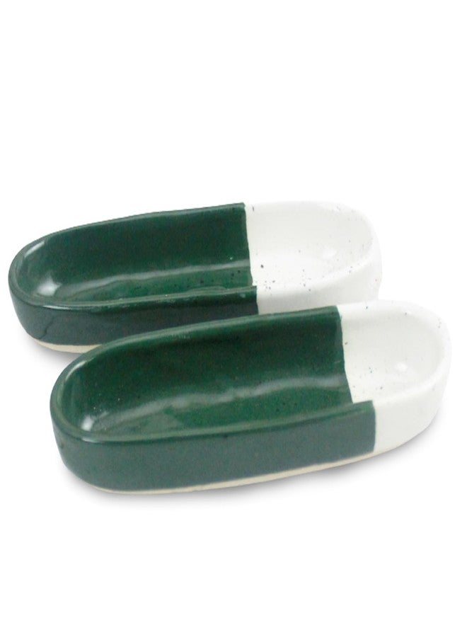 roro Ceramic Stoneware Hand-Molded Green | Ivory White Dipped Speckled Serveware (Long Olive Trays 5" x2, Green White Divided) - Image 2