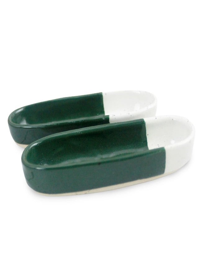 roro Ceramic Stoneware Hand-Molded Green | Ivory White Dipped Speckled Serveware (Long Olive Trays 5" x2, Green White Divided) - Image 3