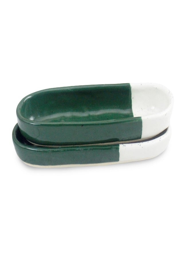 roro Ceramic Stoneware Hand-Molded Green | Ivory White Dipped Speckled Serveware (Long Olive Trays 5" x2, Green White Divided) - Image 1