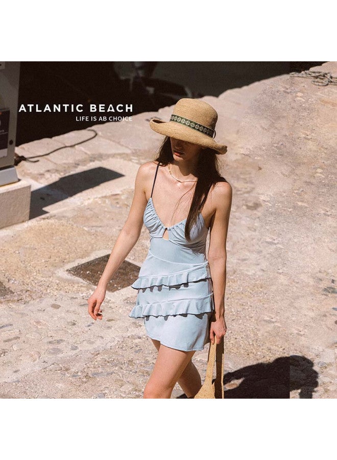Atlanticbeach New Popular One-piece Swimsuit For Women, Beautiful Beach Vacation Spaghetti Strap Blue Cake Skirt-style Hot Spring Swimwear - Image 1