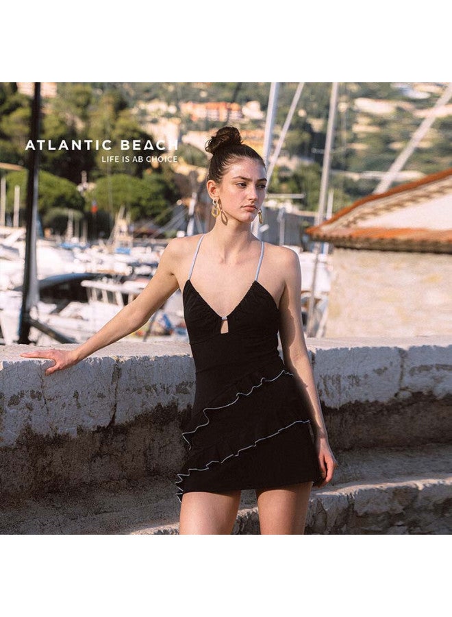 Atlanticbeach New Popular One-piece Swimsuit For Women, Beautiful Beach Vacation Spaghetti Strap Blue Cake Skirt-style Hot Spring Swimwear - Image 2