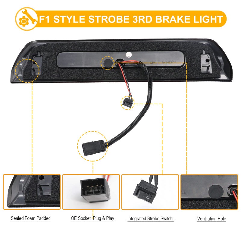 R&F Auto LED Smoked Lens High Mount Brake Light Replacement for Ram 1500 2500 3500 (2002-2008), for Ram 2500 3500 (2009) Roof Cargo Lights Third Brake Lamp with Seal Foam Gaskets F1 Style Red Flash - Image 5