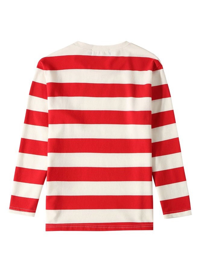 SSLR Big Boys' Cotton Crew Neck Casual Long Sleeves Stripe T-Shirt (Medium(10-12), White Red) - Image 2
