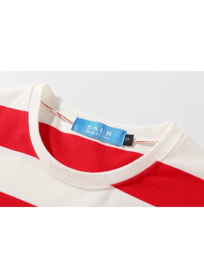 SSLR Big Boys' Cotton Crew Neck Casual Long Sleeves Stripe T-Shirt (Medium(10-12), White Red) - Image 3