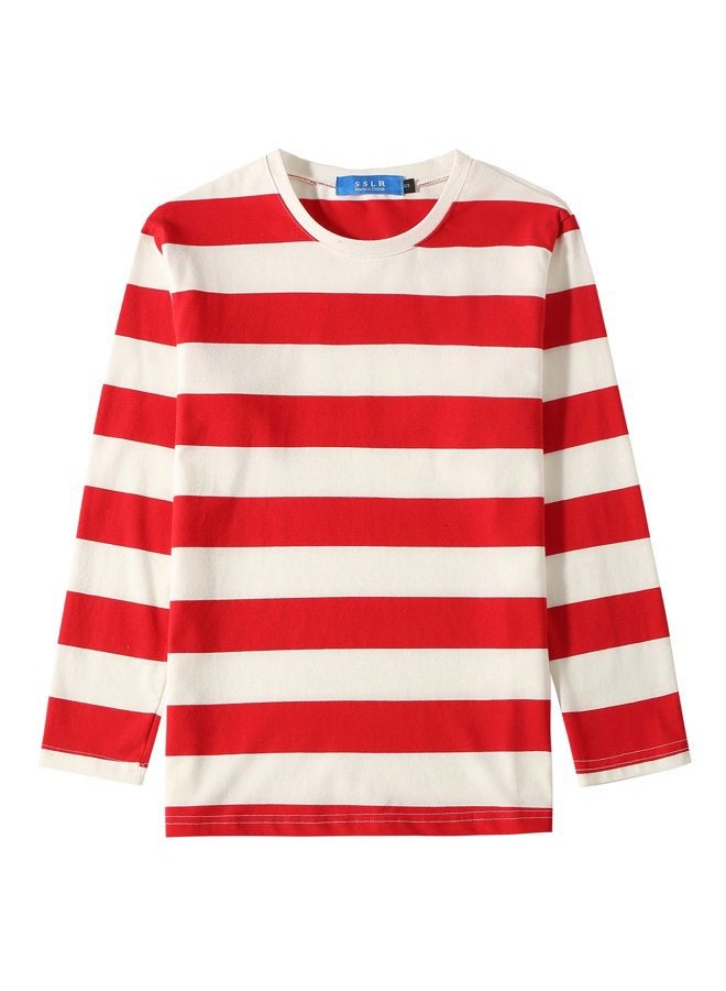 SSLR Big Boys' Cotton Crew Neck Casual Long Sleeves Stripe T-Shirt (Medium(10-12), White Red) - Image 1