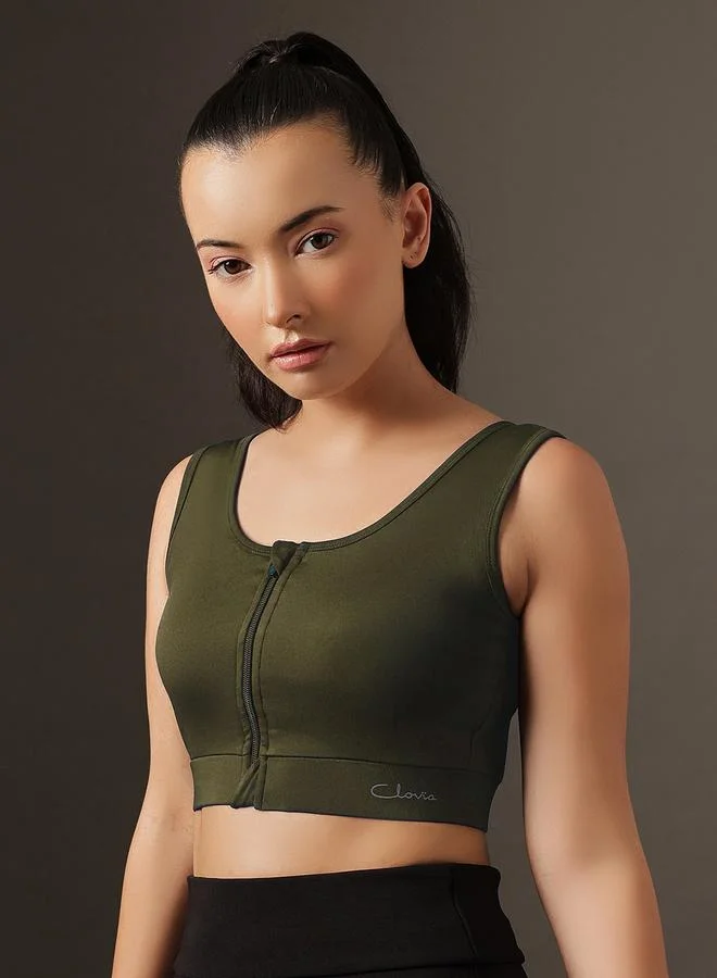 كلوفيا Dark Green Solid Medium Impact Zip-Front Sports Bra