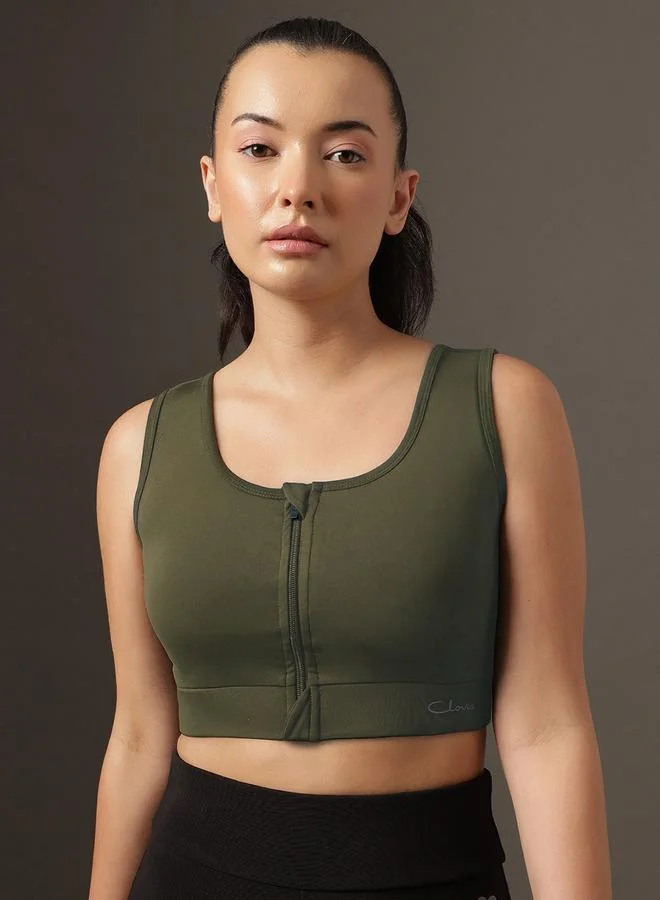 كلوفيا Dark Green Solid Medium Impact Zip-Front Sports Bra