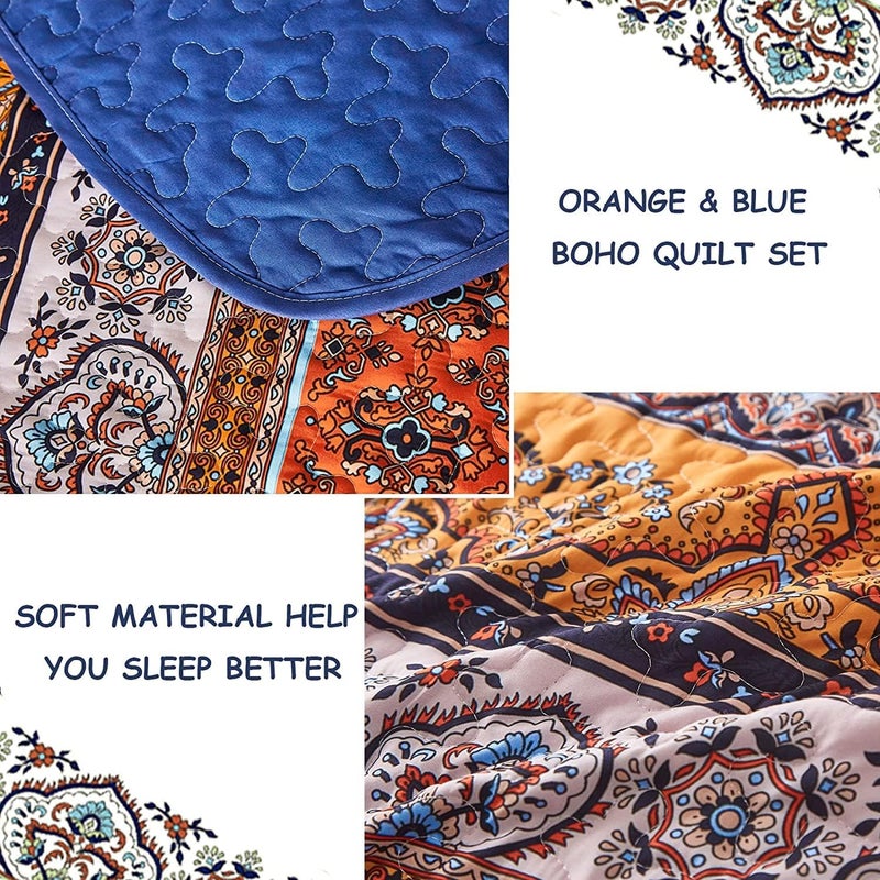 WONGS BEDDING مجموعة أغطية الأسرّة بأسلوب البوهو لفصل الخريف، حجم كامل، لون برتقالي وأزرق، مجموعة أغطية أسرّة بأسلوب البوهو، غطاء سرير خفيف من القطن الميكروفيبر، مناسب لجميع المواسم، مقاس 78" × 90" (لون أزرق وبرتقالي) - Image 5