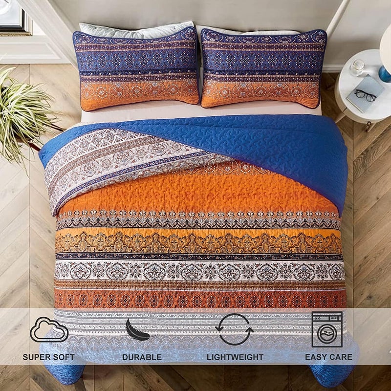 WONGS BEDDING مجموعة أغطية الأسرّة بأسلوب البوهو لفصل الخريف، حجم كامل، لون برتقالي وأزرق، مجموعة أغطية أسرّة بأسلوب البوهو، غطاء سرير خفيف من القطن الميكروفيبر، مناسب لجميع المواسم، مقاس 78" × 90" (لون أزرق وبرتقالي) - Image 3