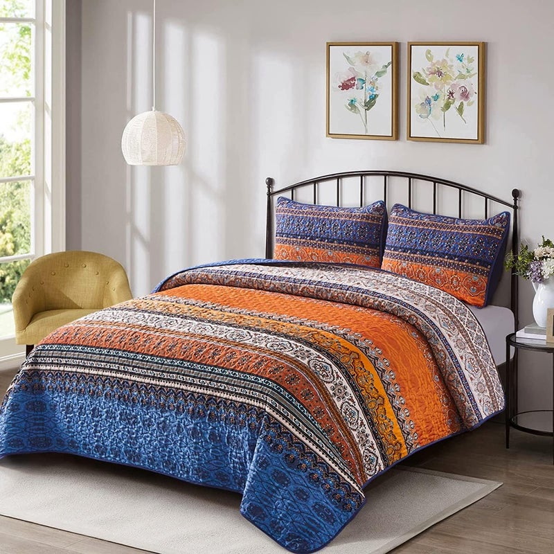 WONGS BEDDING مجموعة أغطية الأسرّة بأسلوب البوهو لفصل الخريف، حجم كامل، لون برتقالي وأزرق، مجموعة أغطية أسرّة بأسلوب البوهو، غطاء سرير خفيف من القطن الميكروفيبر، مناسب لجميع المواسم، مقاس 78" × 90" (لون أزرق وبرتقالي) - Image 2