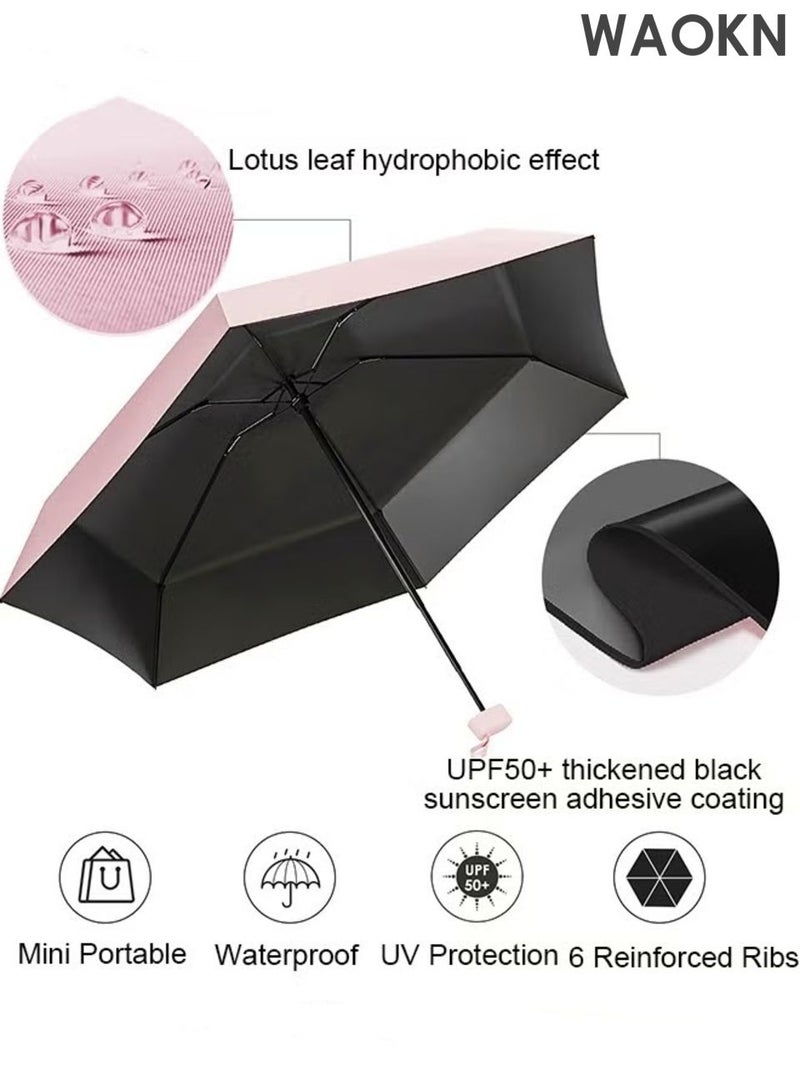 WAOKN Small Mini Umbrella with Storage Case, Light Compact 6 Ribbed Umbrella, Portable Travel Folding Umbrella, UPF 50+ UV Sun Protection Umbrella, Pocket Umbrella for Men Women Kids, Outdoor Sun Rain Umbrellas ,pink. - Image 3