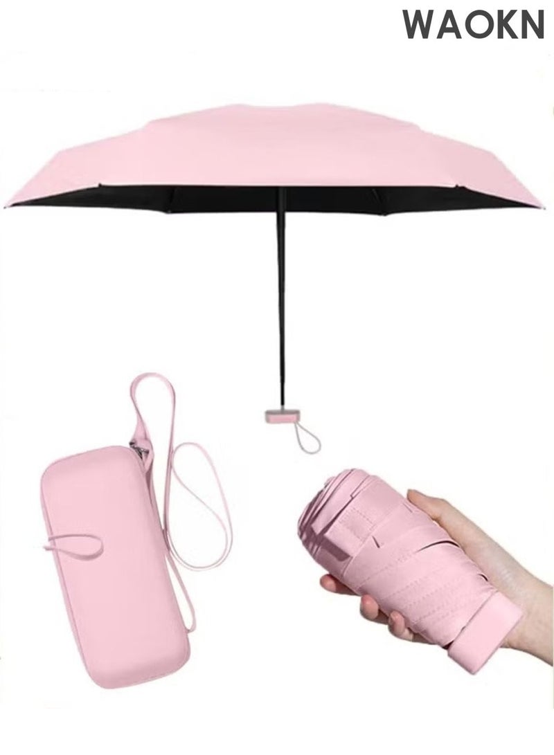WAOKN Small Mini Umbrella with Storage Case, Light Compact 6 Ribbed Umbrella, Portable Travel Folding Umbrella, UPF 50+ UV Sun Protection Umbrella, Pocket Umbrella for Men Women Kids, Outdoor Sun Rain Umbrellas ,pink. - Image 1