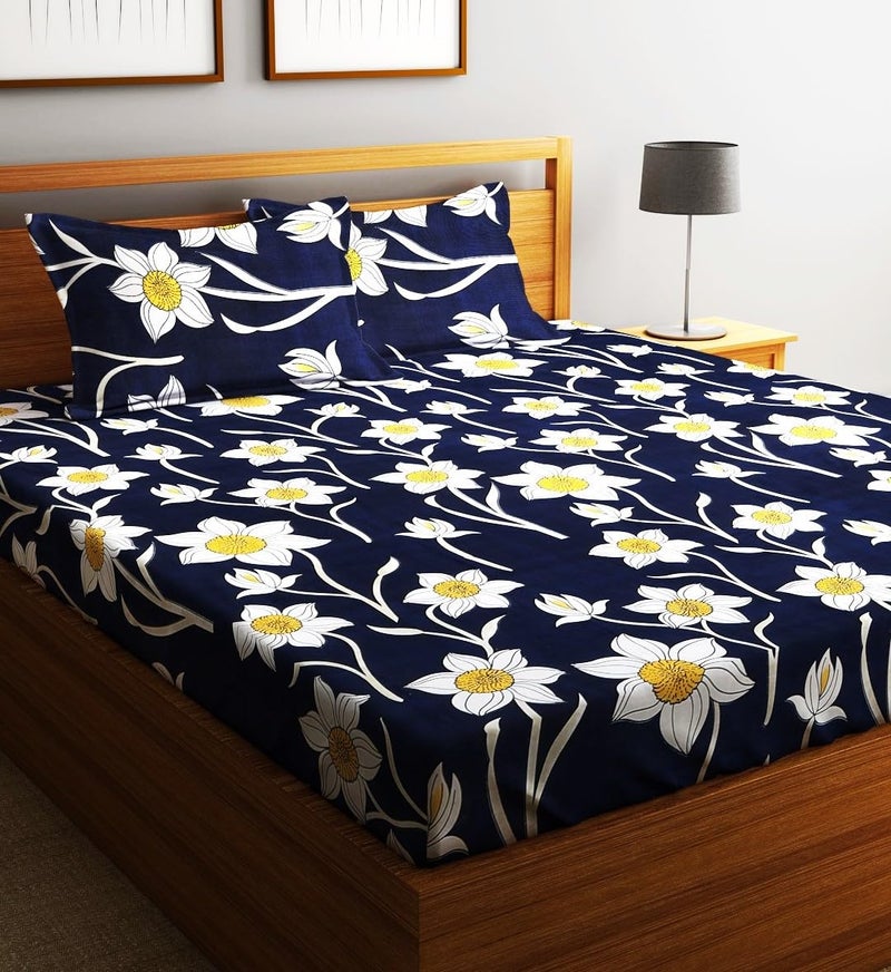 Fashion String 144TC Blue Garden Delight Double Bedsheet with 2 Pillow Covers - Image 1