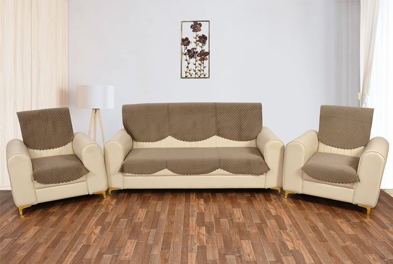 Yellow Weaves Velvet 5 Seater Self Design Quilted Sofa Cover and Chair Cover, Seat&Back Cover, Color - Greyish Brown - Image 1