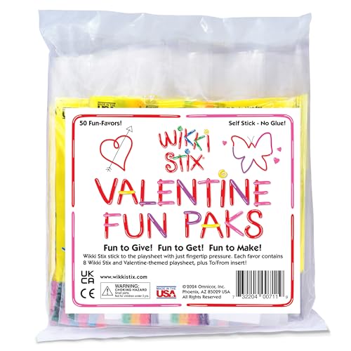 WikkiStix Wikki Stix Valentine's Fun Favors 50 Pak. Valentine's Gifts for Kids and Kids Classroom Gift Bags. 50 Individually Packaged Paks, each with 8 Wikki Stix and Connect-the-Dot Craft. Made in USA - Image 1