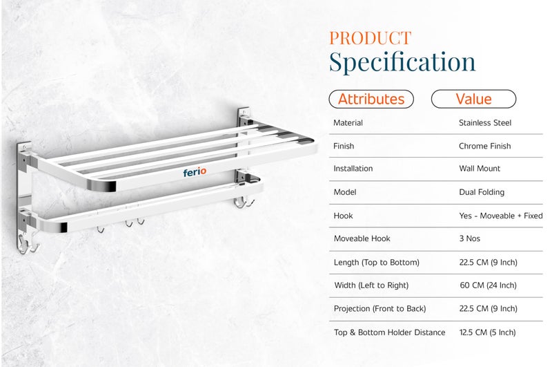 Ferio Stainless Steel Bathroom Accessories Set of Bathroom Hangers for Clothes, Bathroom Towel Hanger for Wall Mounted Towel Rod for Bathroom Towel Hanger for Wash Basin (Pack of 1, 24 Inch) - Image 3