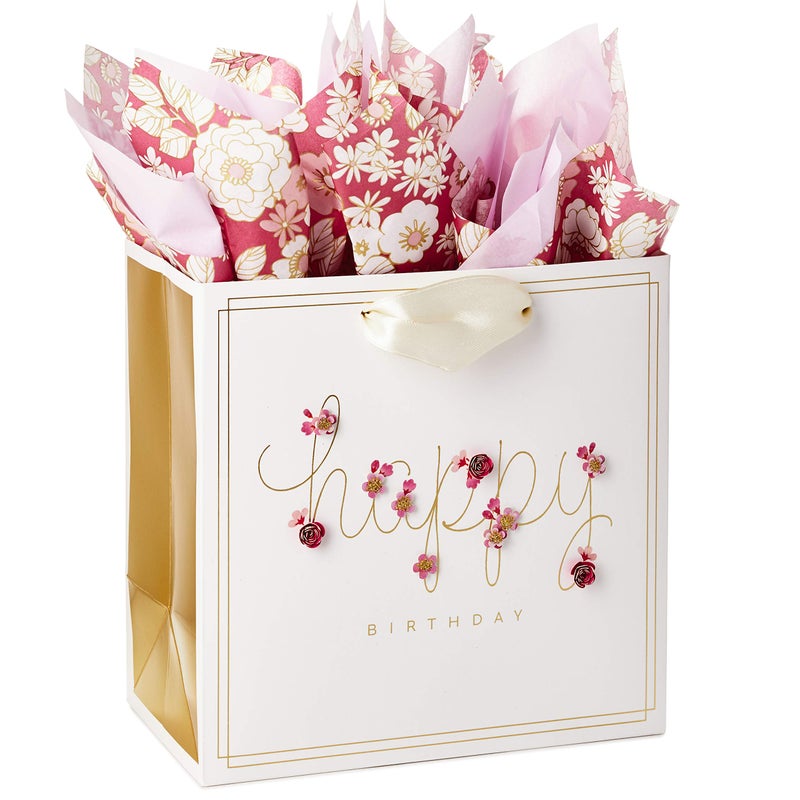Hallmark Signature 7" Medium Birthday Gift Bag with Tissue Paper (Pink Flowers) - Image 1