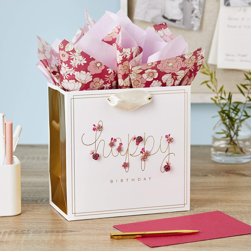 Hallmark Signature 7" Medium Birthday Gift Bag with Tissue Paper (Pink Flowers) - Image 2