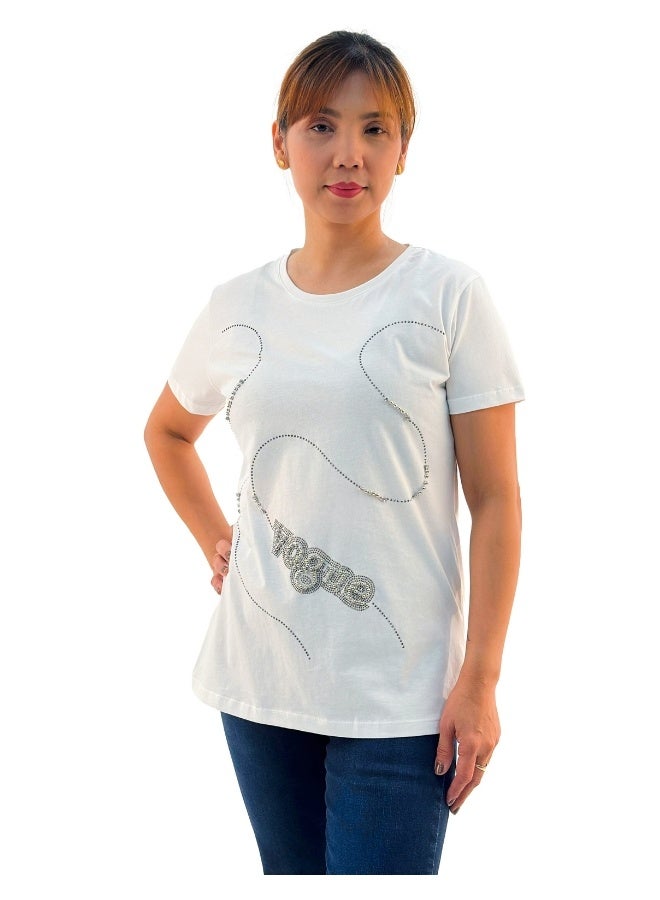 JOANNA W203027 Women's Vogue Print Round Neck Short Sleeve T-Shirt - White - Image 1