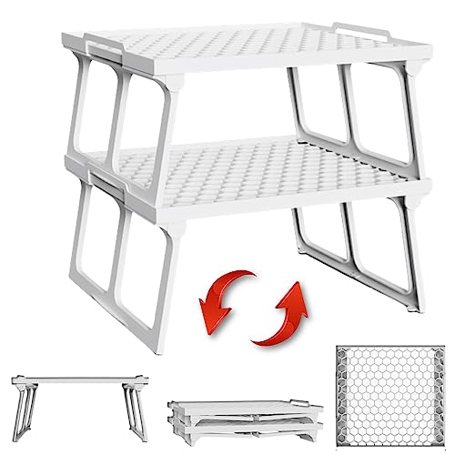 ums Plastic Kitchen Cabinet Shelf Organizer White Plastic Stackable Freezer Rack Shelf Riser Usable Storage Rack for Your Spice Refrigerator Pantry 12 X 11 inch Fridge Shelf Riser Pack Of 2