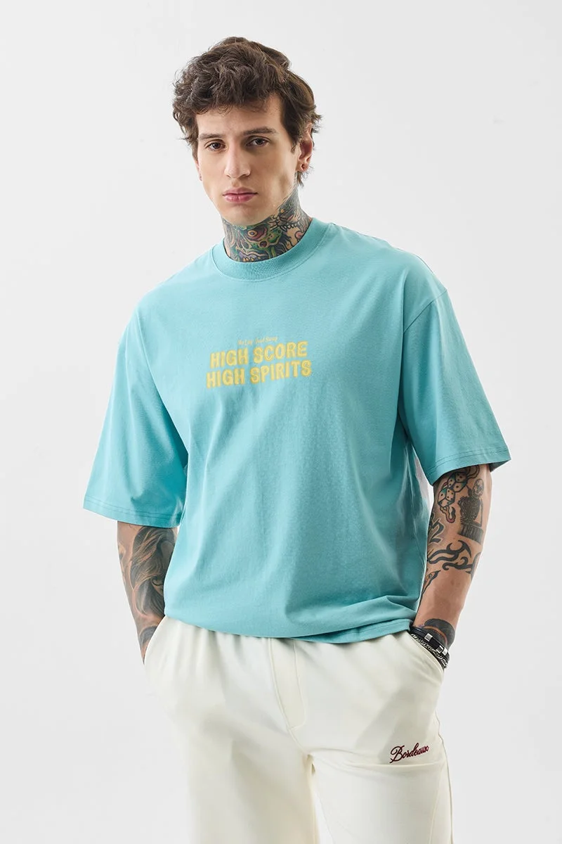 سنيتش Teal Graphic Half Sleeve Oversized T-Shirt